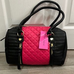 NWT Betsey Johnson Bright Pink Black Quilted Heart Purse Bag Speedy Satchel
